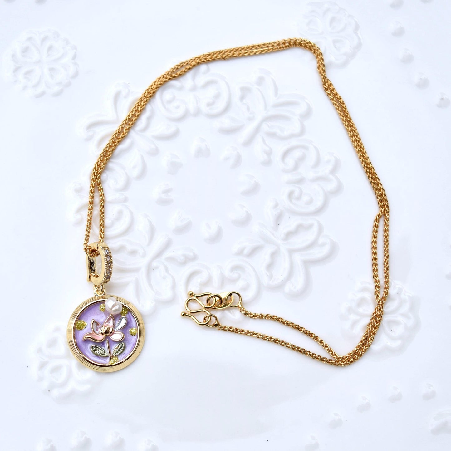 Enamel Pearl Flora Charm Necklace - Vintage Style