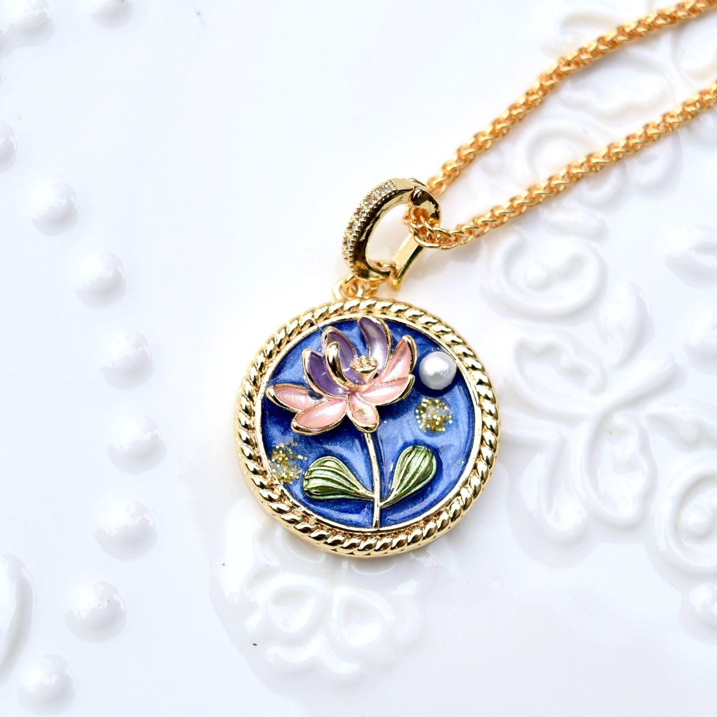 Enamel Pearl Flora Charm Necklace - Vintage Style
