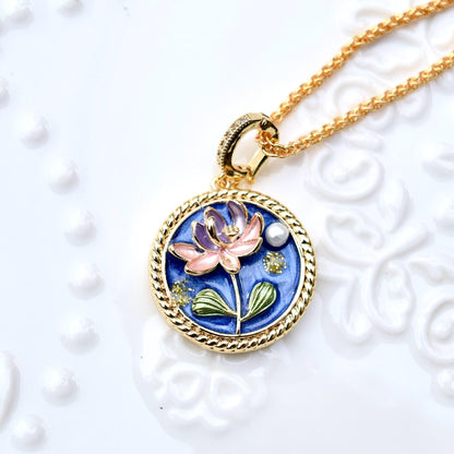 Enamel Pearl Flora Charm Necklace - Vintage Style