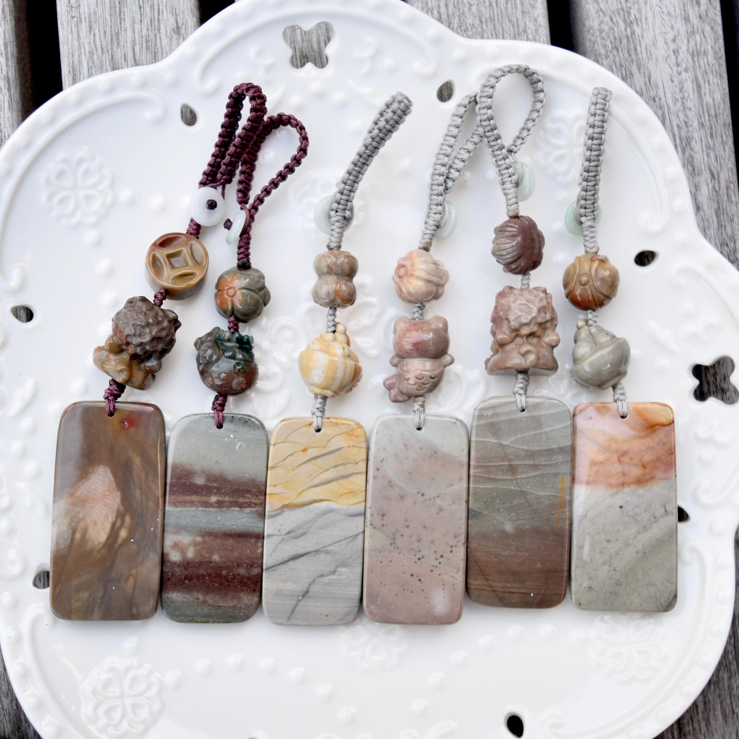 Daruma Doll Fortune Keychain Bag Charm - Colorful Jasper Quartz Jade