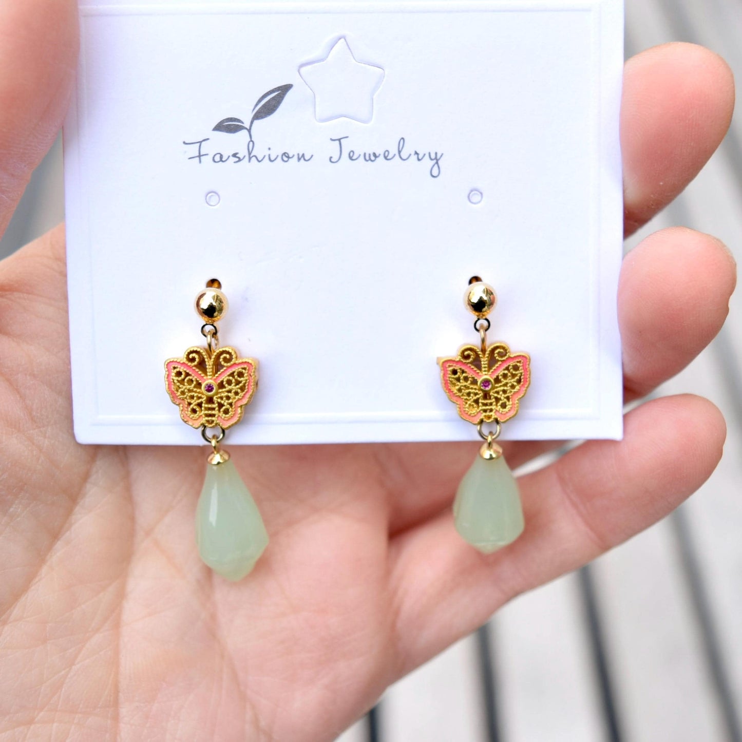 Green Jade Tone Flora Enamel Charm Earrings - Asian Style Earrings