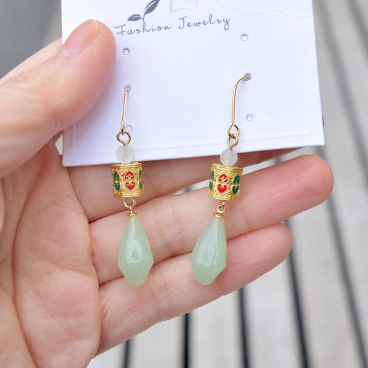 Green Jade Tone Flora Enamel Charm Earrings - Asian Style Earrings