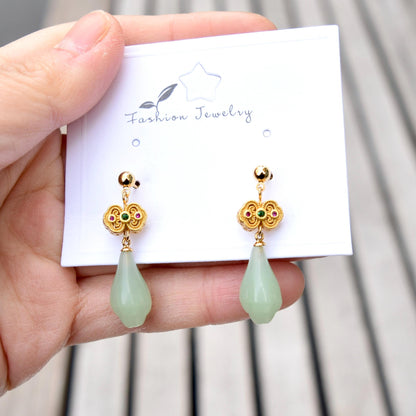Green Jade Tone Flora Enamel Charm Earrings - Asian Style Earrings