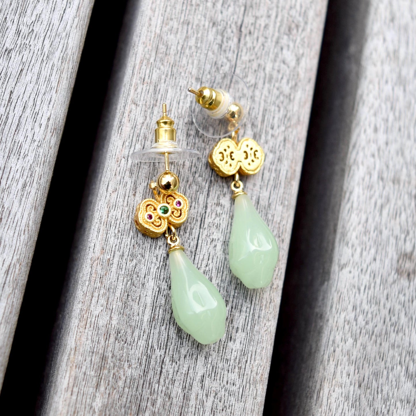 Green Jade Tone Flora Enamel Charm Earrings - Asian Style Earrings