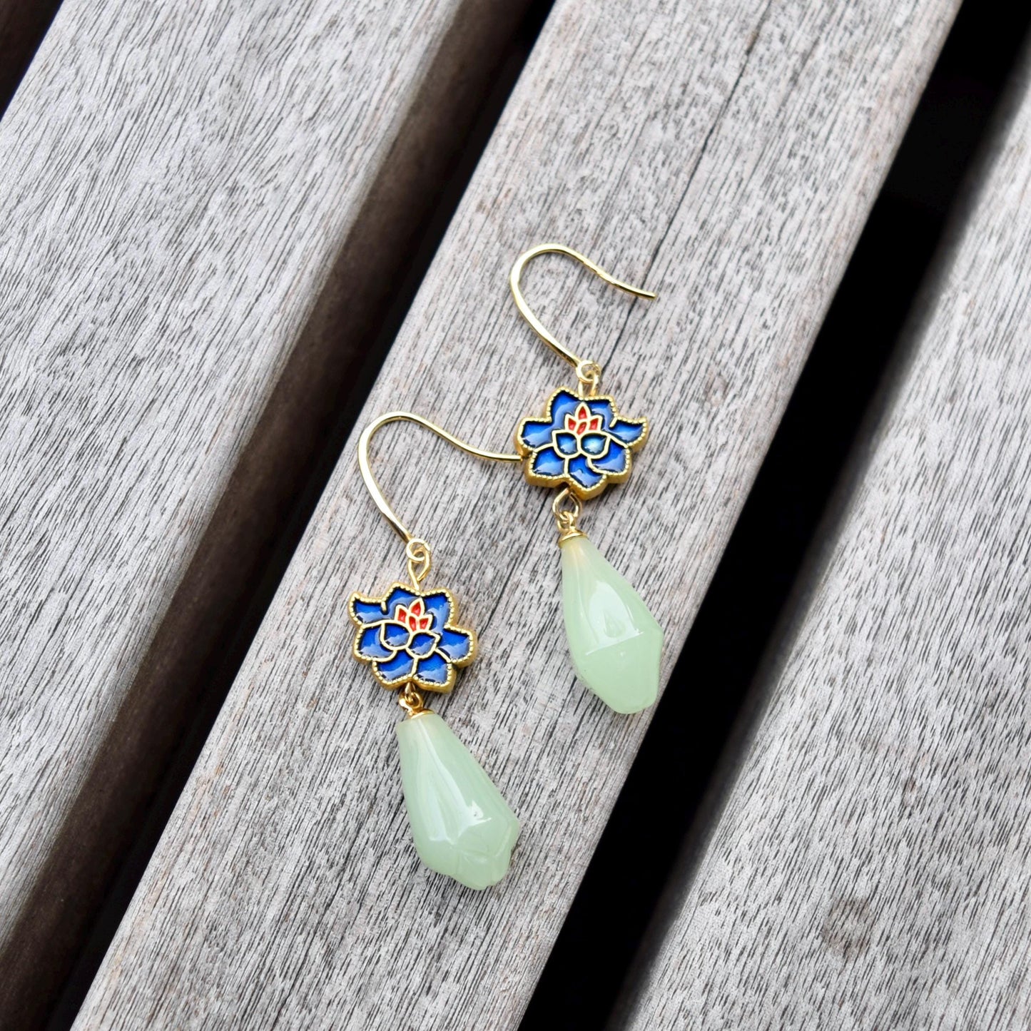Green Jade Tone Flora Enamel Charm Earrings - Asian Style Earrings