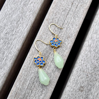 Green Jade Tone Flora Enamel Charm Earrings - Asian Style Earrings