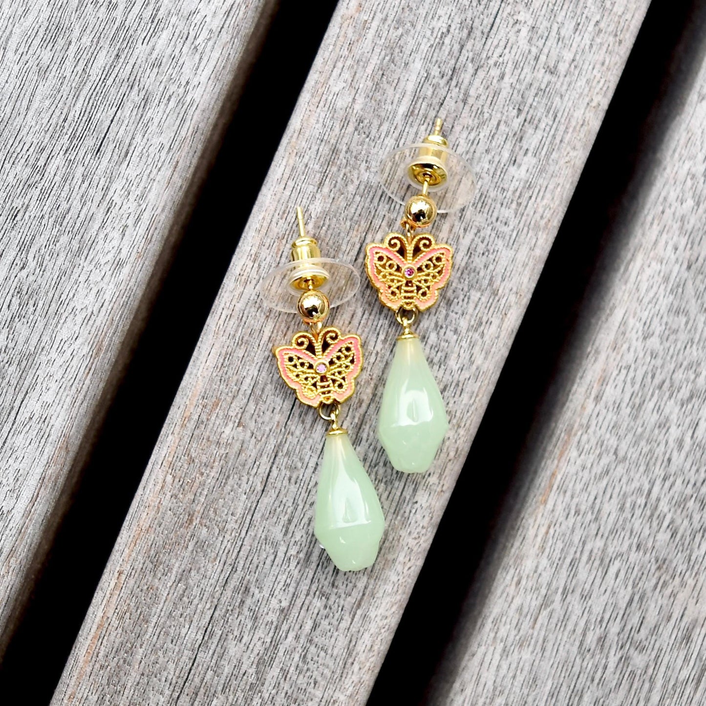 Green Jade Tone Flora Enamel Charm Earrings - Asian Style Earrings