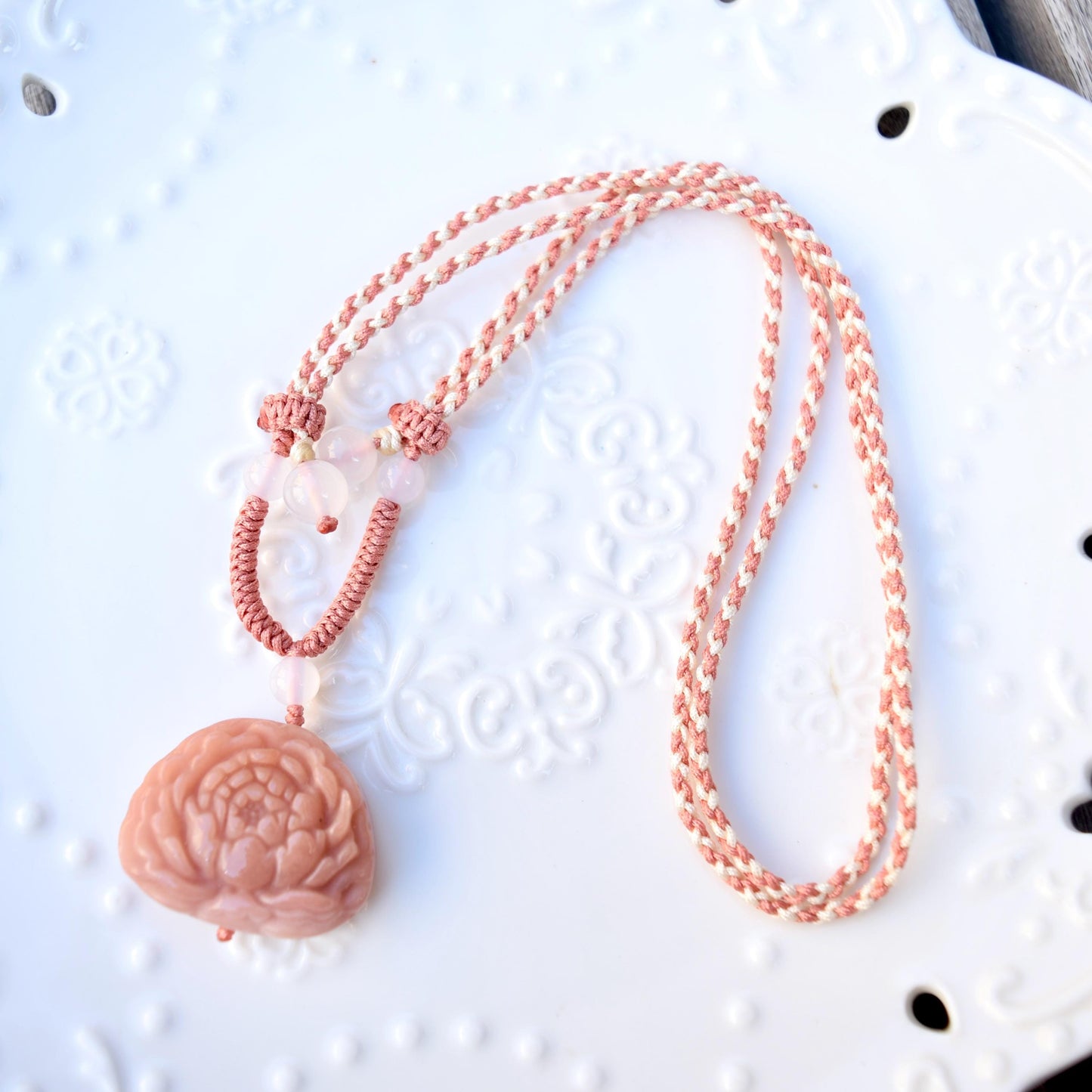 Pink Lotus Peony Pendant Rope Necklace - Aventurine Quartz Jade Pendant