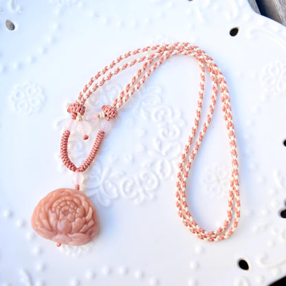 Pink Lotus Peony Pendant Rope Necklace - Aventurine Quartz Jade Pendant
