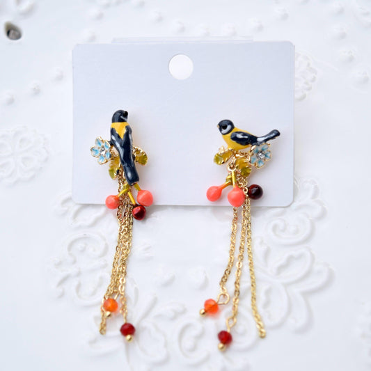 Blue Bird Tassel Earrings - Vintage Style Enamel Earrings