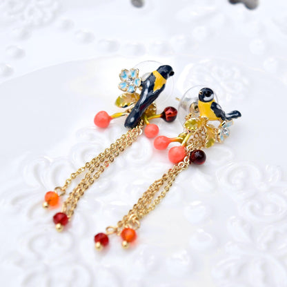 Blue Bird Tassel Earrings - Vintage Style Enamel Earrings