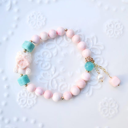 Queen Conch Shell Beaded Bracelet: Lion Charm, Amazonite & Pearl