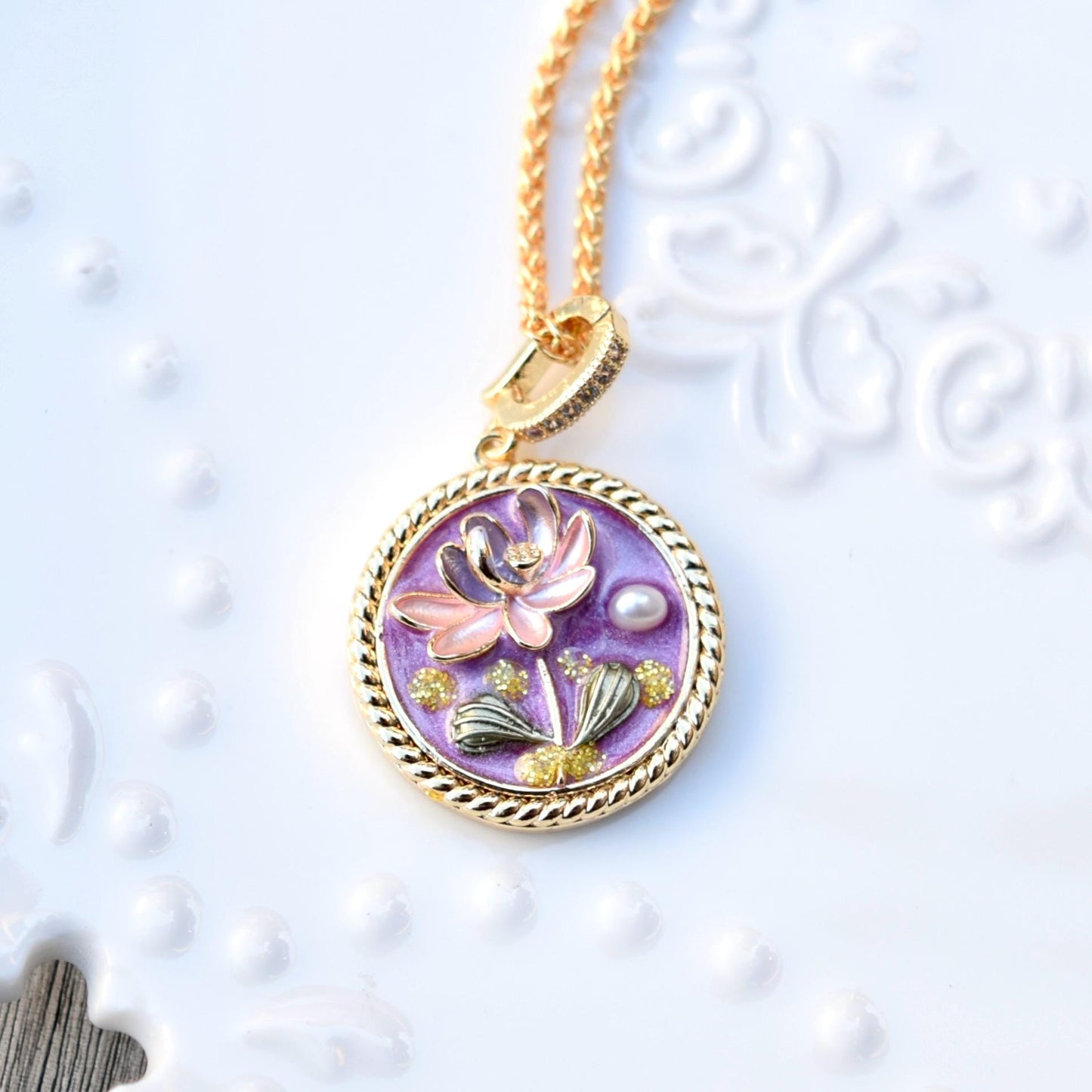 Enamel Pearl Flora Charm Necklace - Vintage Style