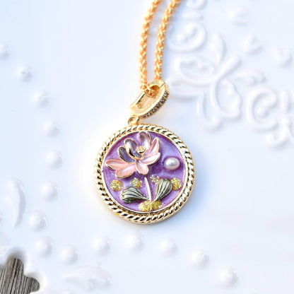 Enamel Pearl Flora Charm Necklace - Vintage Style