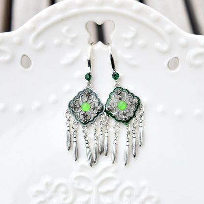 Dreamcatcher Green Crystals Earrings - Vintage Style Earrings