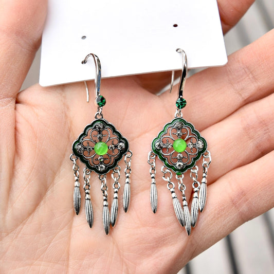 Dreamcatcher Green Crystals Earrings - Vintage Style Earrings