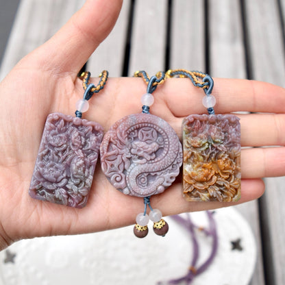 Purple Ocean Agate Pendant Rope Necklace - Peony ｜ Dragon
