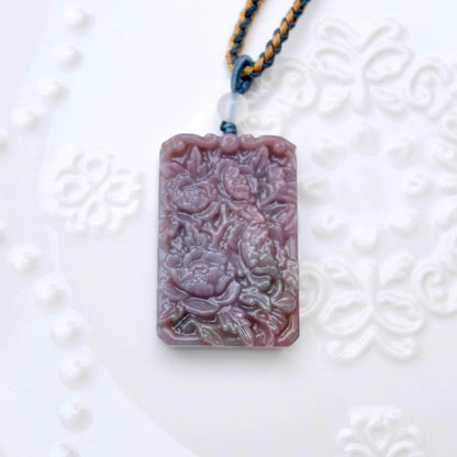Purple Ocean Agate Pendant Rope Necklace - Peony ｜ Dragon