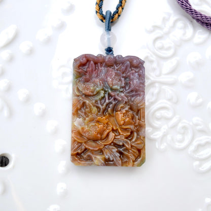 Purple Ocean Agate Pendant Rope Necklace - Peony ｜ Dragon