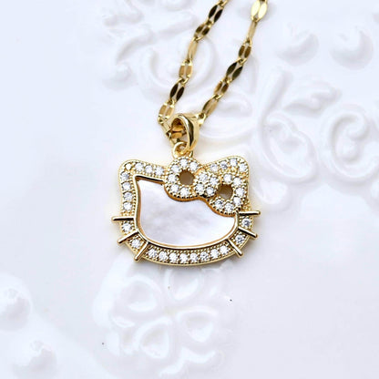 Shell Kitty Head Charm Golden Necklace - Vintage Style