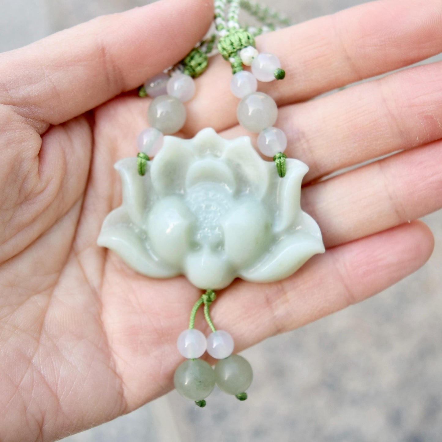 Green Jade Lotus Necklace - Serpentine Jade Adjustable RopeNecklace