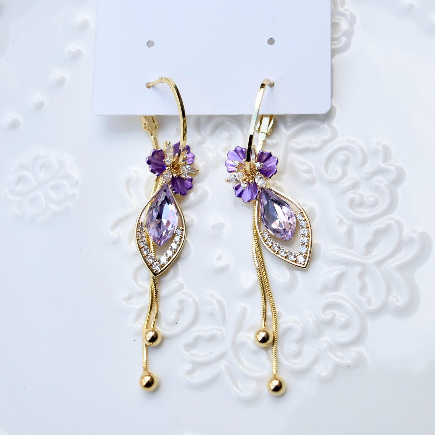Purple Flower Tassel Earrings - Asian Style Enamel Earrings