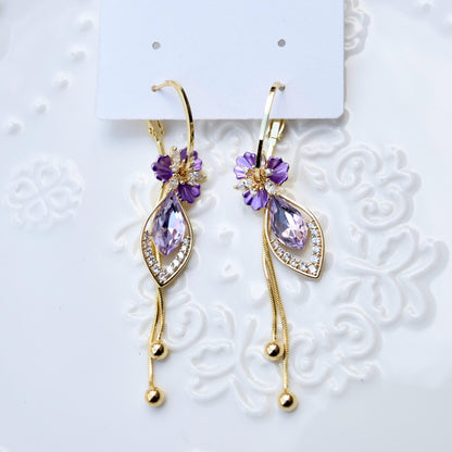 Purple Flower Tassel Earrings - Asian Style Enamel Earrings