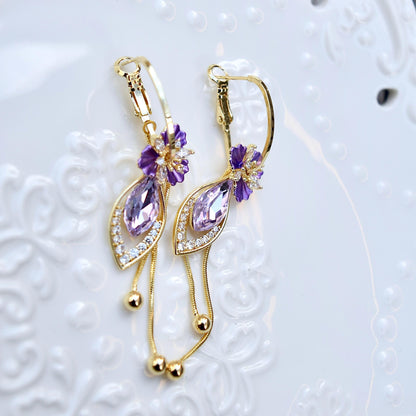 Purple Flower Tassel Earrings - Asian Style Enamel Earrings