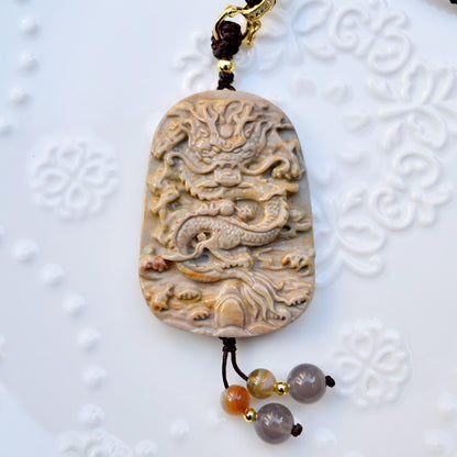 Chinese Zodiac Dragon Necklace - Polychrome Jasper - Adjustable Rope Necklace