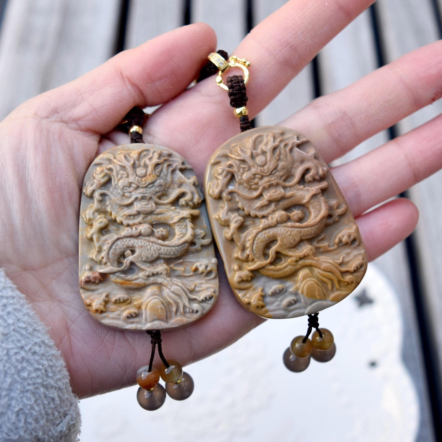 Chinese Zodiac Dragon Necklace - Polychrome Jasper - Adjustable Rope Necklace