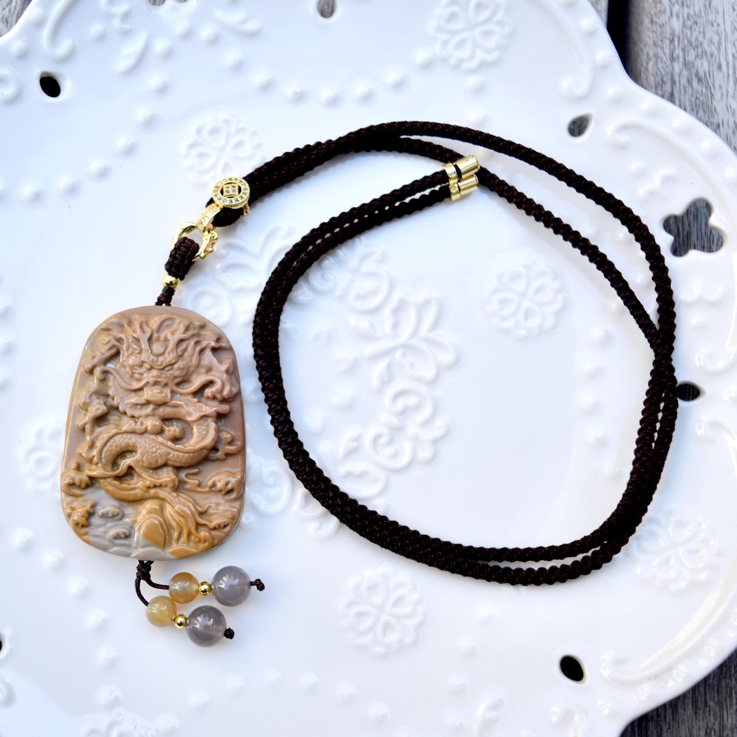 Chinese Zodiac Dragon Necklace - Polychrome Jasper - Adjustable Rope Necklace