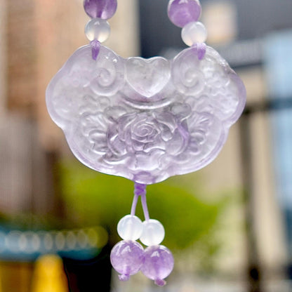 Purple Peony Lock Pendant Rope Necklace - Amethyst Crystal Pendant