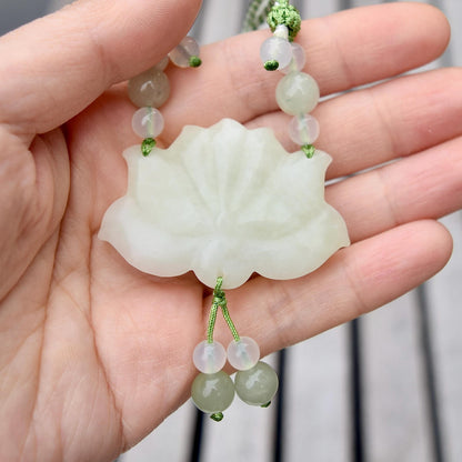 Green Jade Lotus Necklace - Serpentine Jade Adjustable RopeNecklace