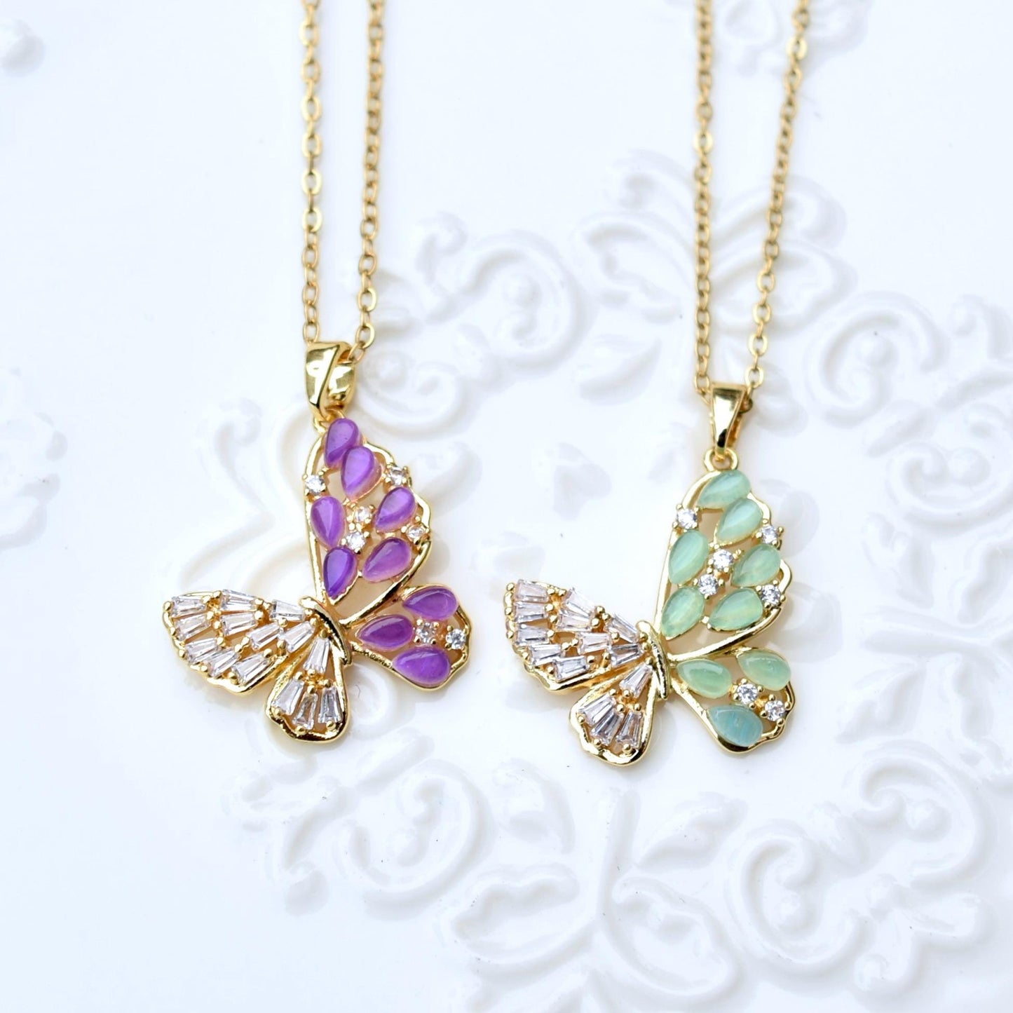 Cat Eye Stone Butterfly Charm Necklace - Stainless Steel Necklace