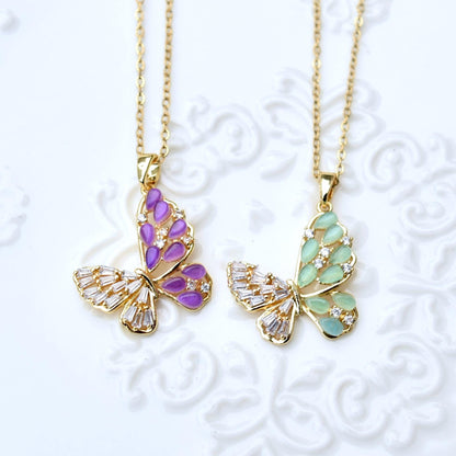 Cat Eye Stone Butterfly Charm Necklace - Stainless Steel Necklace