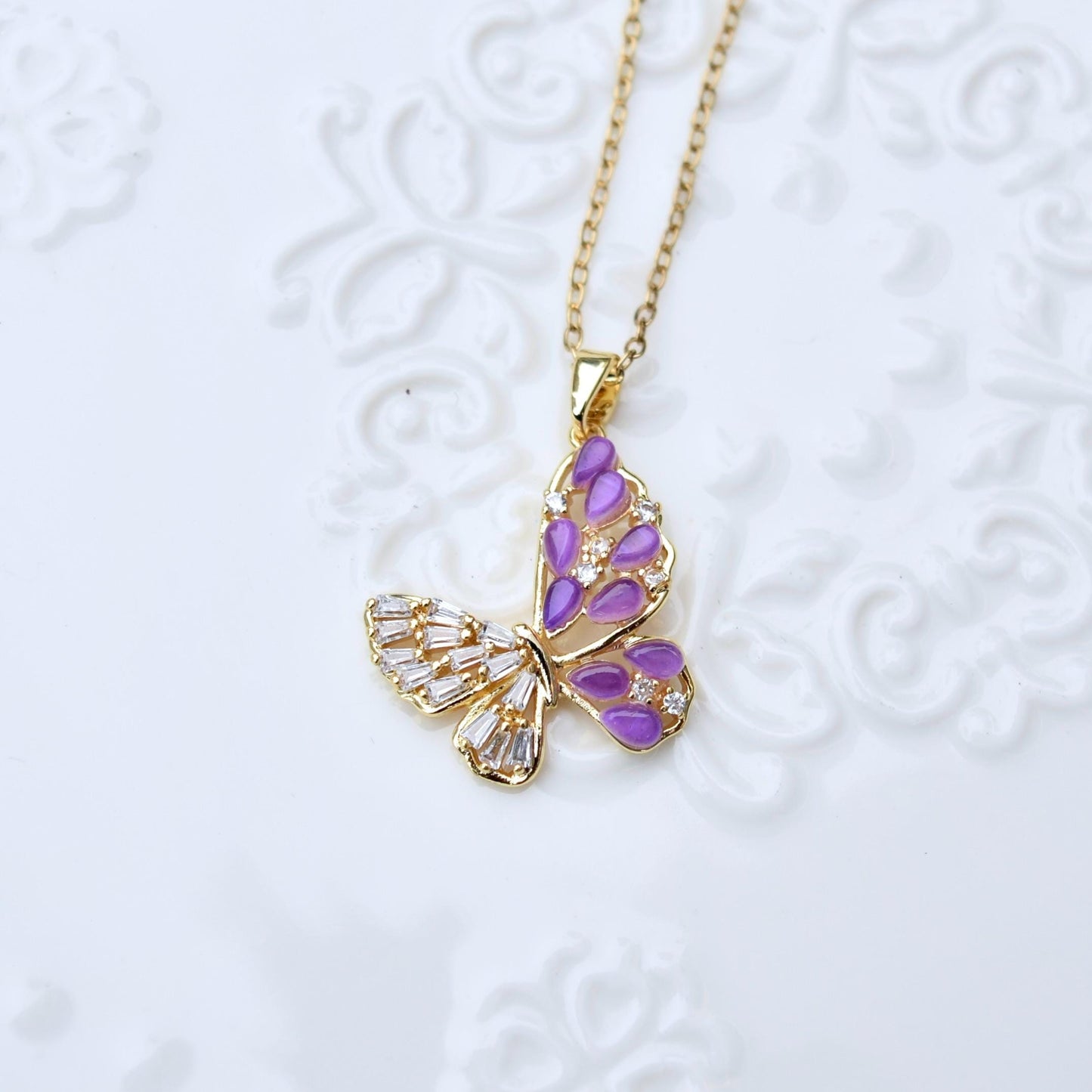 Cat Eye Stone Butterfly Charm Necklace - Stainless Steel Necklace