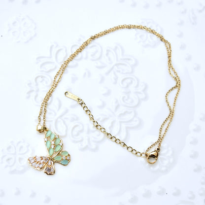 Cat Eye Stone Butterfly Charm Necklace - Stainless Steel Necklace