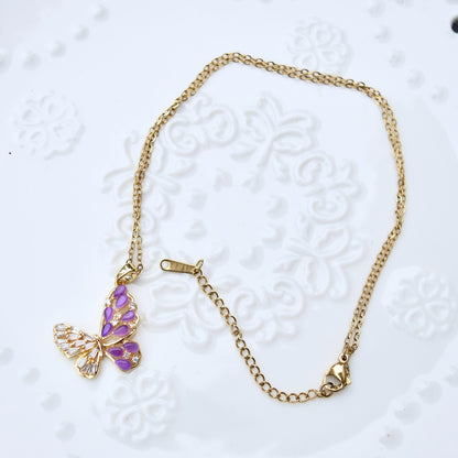 Cat Eye Stone Butterfly Charm Necklace - Stainless Steel Necklace