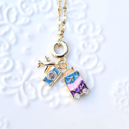 Travel Enamel Charms Necklace - Oil Painting Style