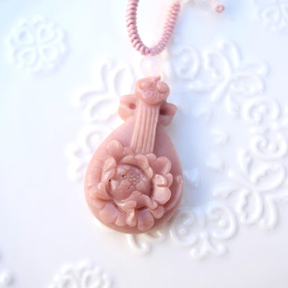 Pink Peony Pipa Lotus Pendant Rope Necklace - Aventurine Quartz Jade Pendant