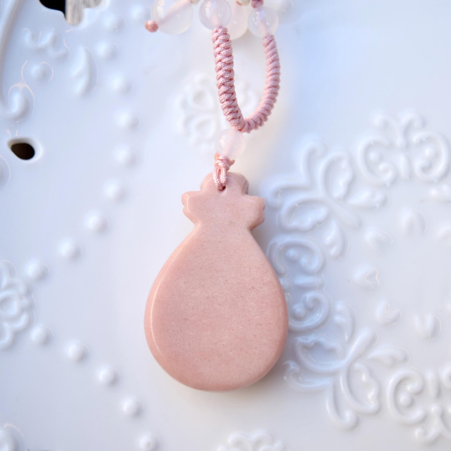 Pink Peony Pipa Lotus Pendant Rope Necklace - Aventurine Quartz Jade Pendant