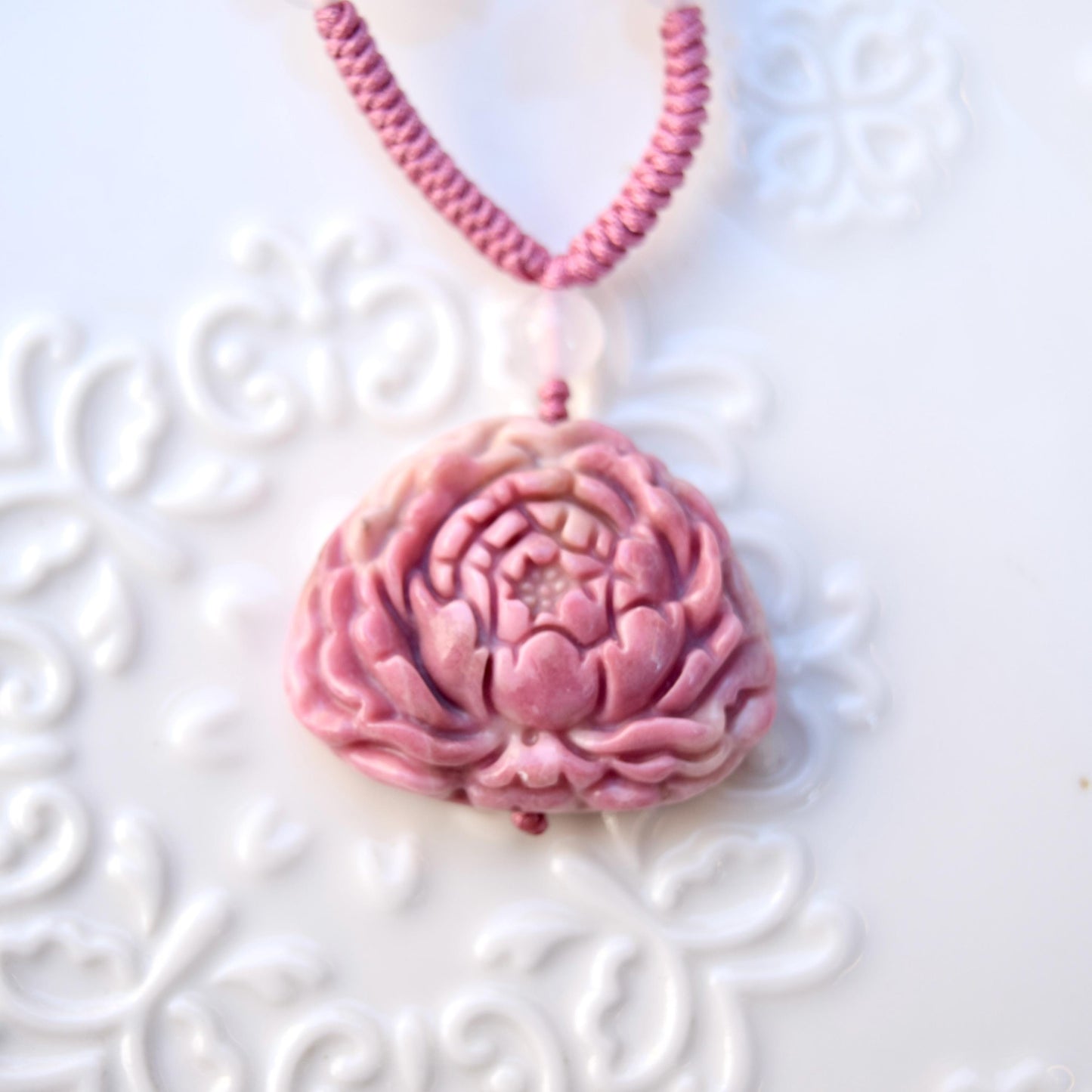 Pink Peony Pipa Lotus Pendant Rope Necklace - Aventurine Quartz Jade Pendant