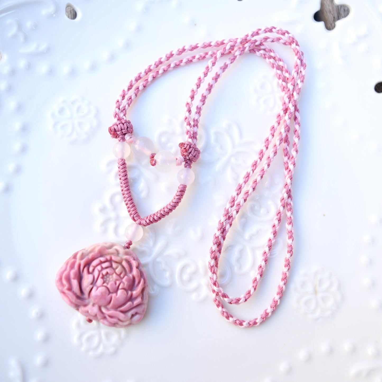 Pink Peony Pipa Lotus Pendant Rope Necklace - Aventurine Quartz Jade Pendant