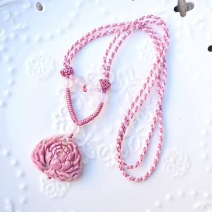 Pink Peony Pipa Lotus Pendant Rope Necklace - Aventurine Quartz Jade Pendant