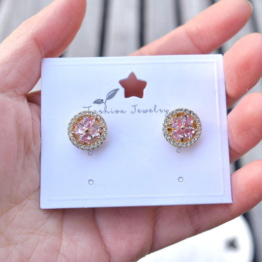 Pink Crystal Clover Stud Earrings