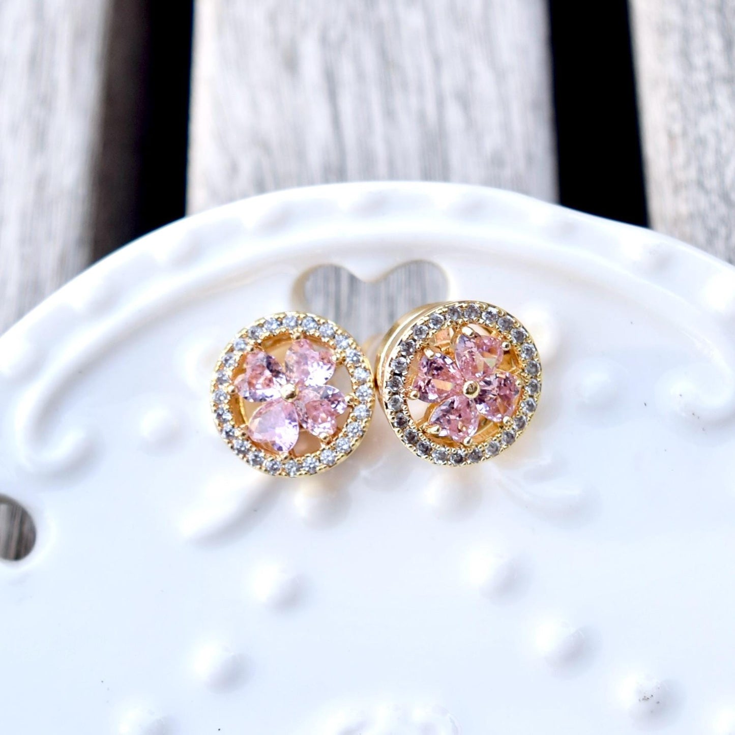 Pink Crystal Clover Stud Earrings