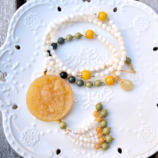 Bird Plum Blossom Pendant Shell Necklace - Yellow Aventurine Quartz Jade