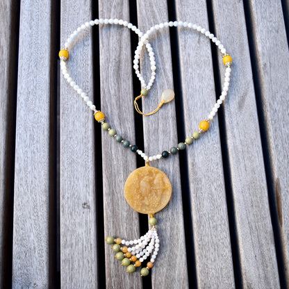 Bird Plum Blossom Pendant Shell Necklace - Yellow Aventurine Quartz Jade