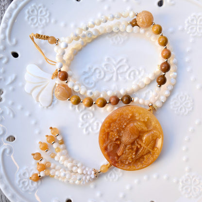 Bird Plum Blossom Pendant Shell Necklace - Yellow Aventurine Quartz Jade