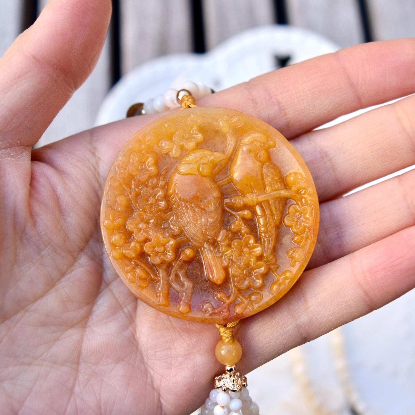 Bird Plum Blossom Pendant Shell Necklace - Yellow Aventurine Quartz Jade